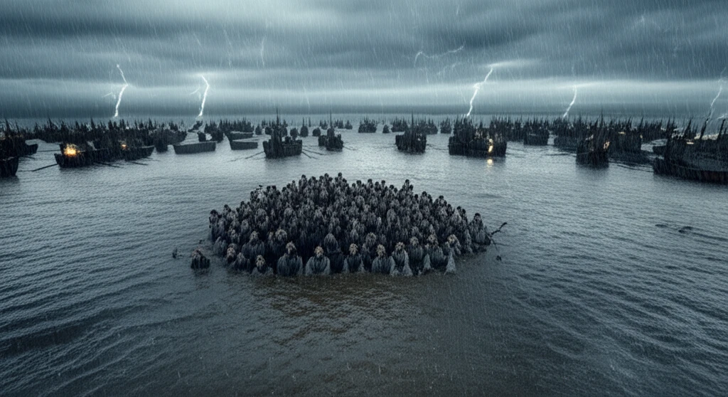 폭우로 범람한 강물이 평야를 집어삼키는 장관의 DSLR 스냅샷. f/4, 망원 렌즈로 포착한 거친 물결과 하늘의 먹구름이 전쟁의 비장함을 더한다.