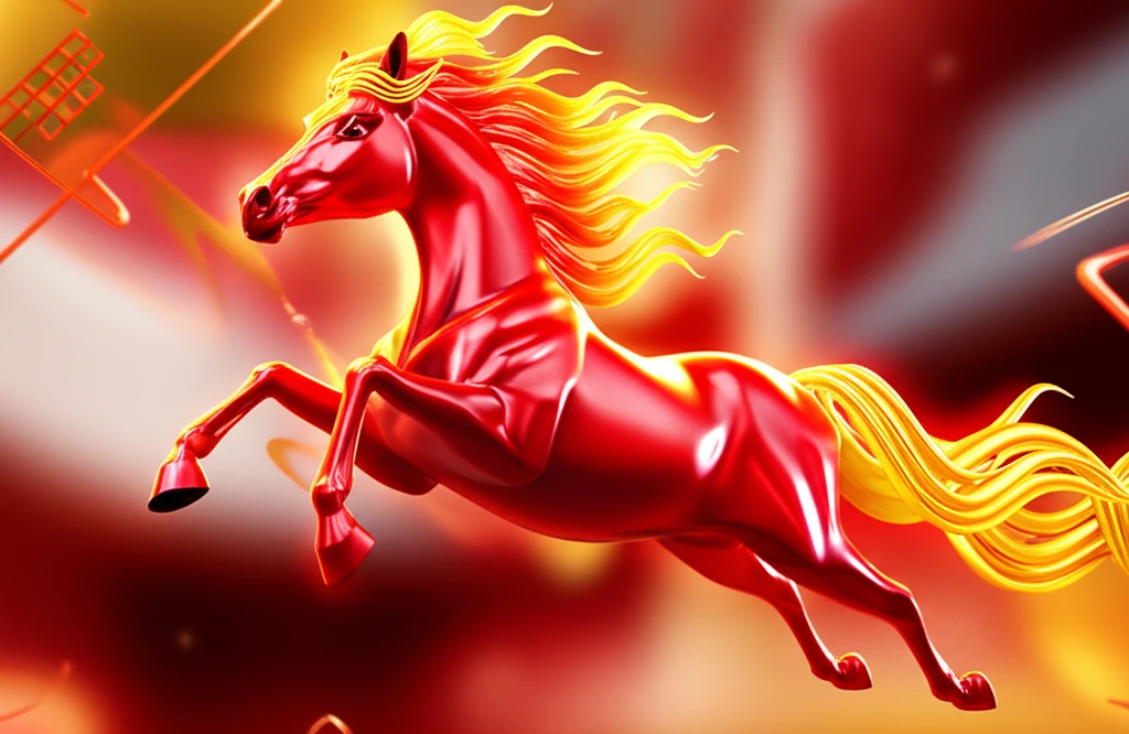 Photorealistic 스타일로 표현된 붉은 말 테마의 세련된 설날 모바일 카드 디자인 예시